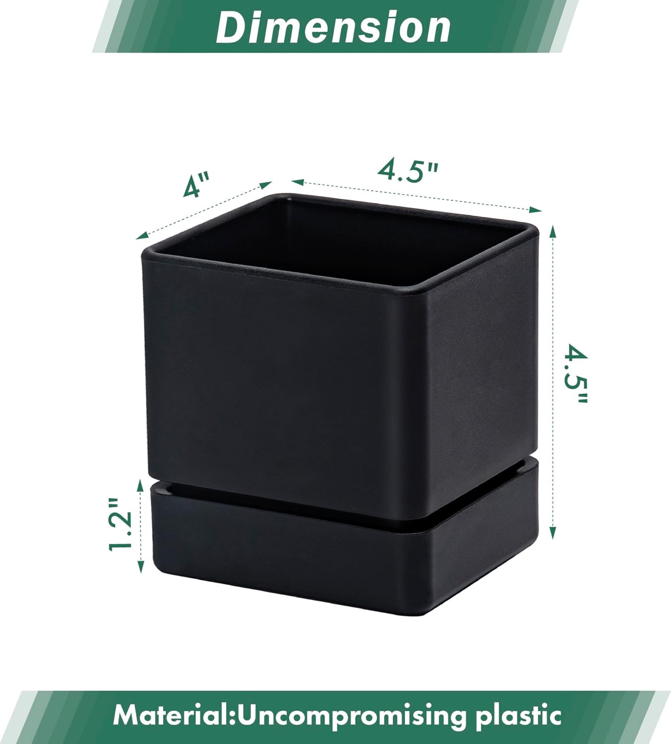 4 Inch Herb Planter Pot, Plastic Planter with Drainage Holes and Saucer, Modern Decorative Gardening Pot for Indoor Plants, Flowers, Herbs, Succulents, Black, Set of 2, 76-Y-B-2