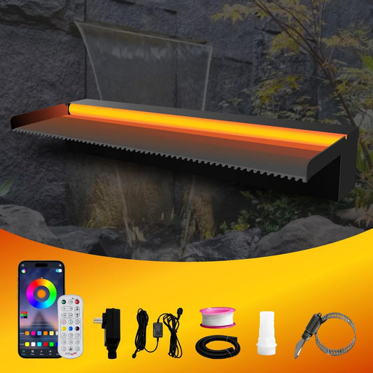 Pool Waterfall Spillway Stainless Steel Pond Fountain, APP Control Colorful LED Lighted Outdoor Black Fountains, Water Flow Spillways Kit for Koi Pond, Swimming Pool, Garden-23.6"x7.8"x3.9"