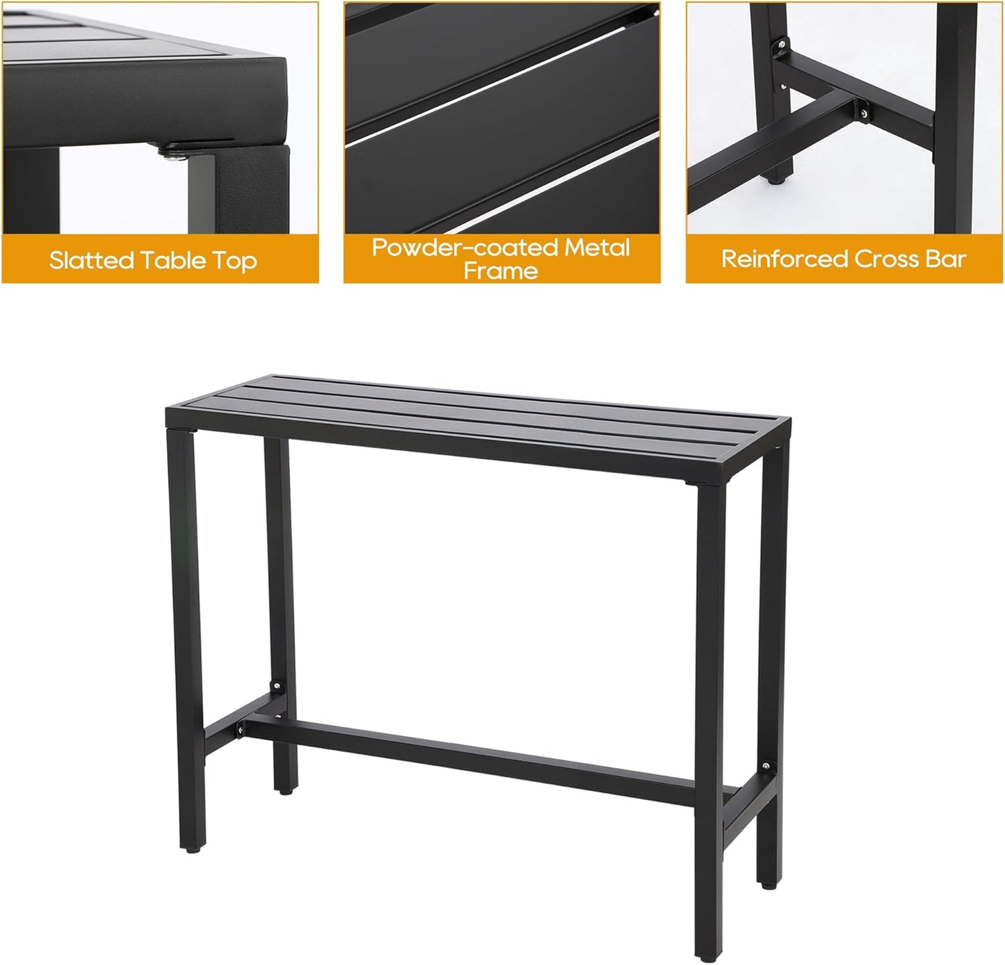 Outdoor Patio Bar Set, Bar Height Patio Dining Set, Weather-Resistant Bistro Counter Pub Set with Cushions & Slatted Tabletop for Backyard, Garden, Yard (47" Table, 2 "I Style Stool, Black)