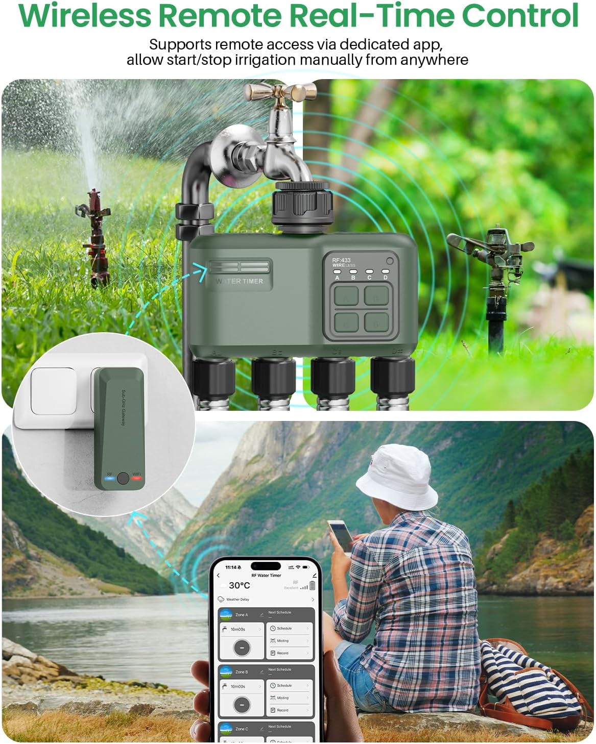 WiFi Water Timer 4 Zone for Garden Hose, Smart Sprinkler Timer with 984ft RF Range, Smart Lawn Watering System Irrigation Controller, APP/Voice Control, Rain Delay, Automatic/Manual Irrigation