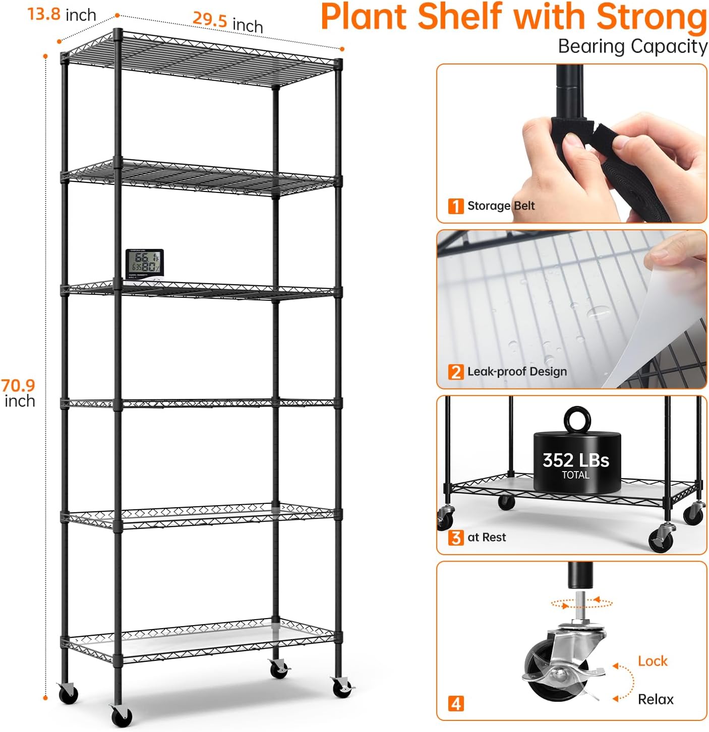 Plant Shelf with Grow Light, Grow Light Shelf with Cover and Thermometer, 6 Tier Plant Stand with Grow Light , Greenhouse with 150W Led Grow Light For Seed Starting , Tray (29.5"L×13.8"W×70"H)