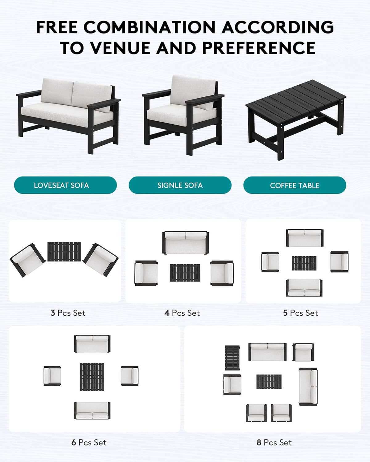SERWALL 6 Pieces HDPE Outdoor Sofa Set with Cushions, Outdoor Conversation Couch Loveseat Furniture Set with Coffee Table for Balcony, Deck, Poolside, Black Frame with Khaki Cushions