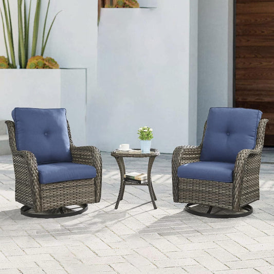 Outdoor Patio Swivel Rocker Chairs - 3 Piece Patio Bistro Set,Wicker Patio Furniture Set with 2 Swivel Rocking Chairs and 1 Glass Top Side Table for Deck Porch Garden,Mixed Grey/Blue