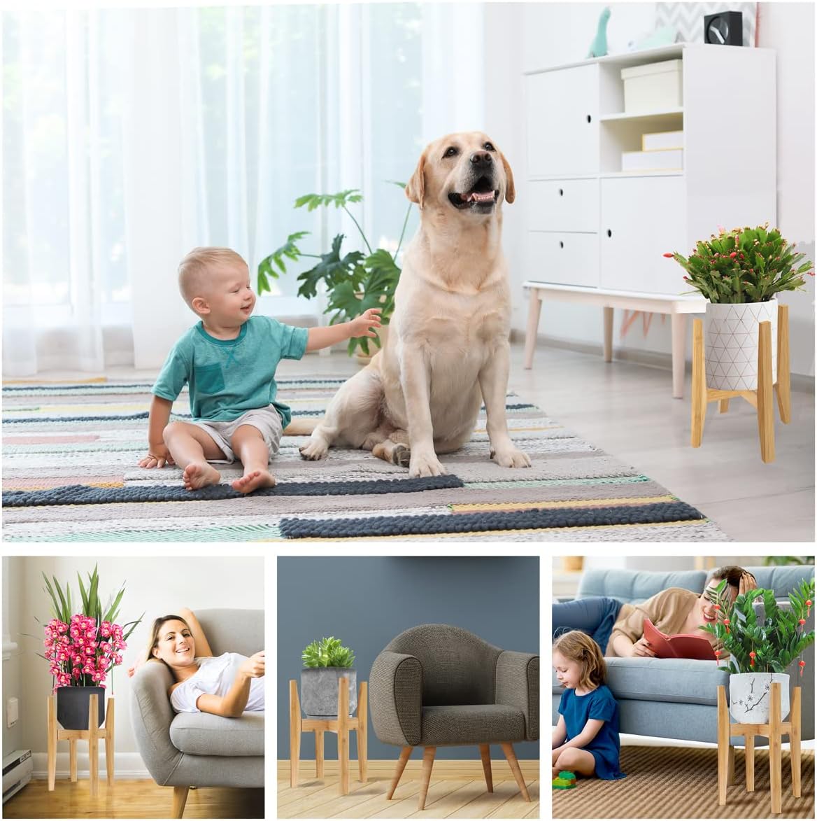 OERGKE Adjustable Plant Stand Indoor, Bamboo Mid Century Modern Plants Stands, Corner Flower Holder for Living Room, Fits 8 to 12 Inches Pots, (Pot & Plant Not Included)(Nature, 1 Pack)