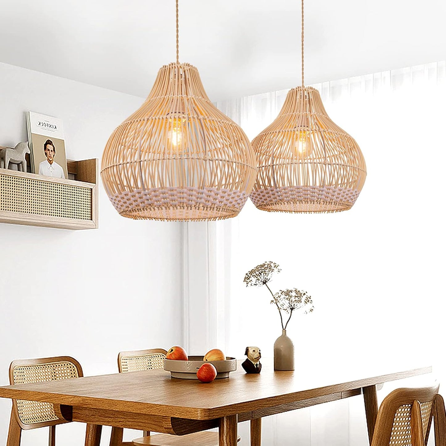 Arturesthome 1 Light Coastal Rattan Pendant Light for Kitchen Island White,Wicker Chandelier,Handmade Woven Hanging Ceiling Lighting Fixtures Lampshade for Living Room Bedroom