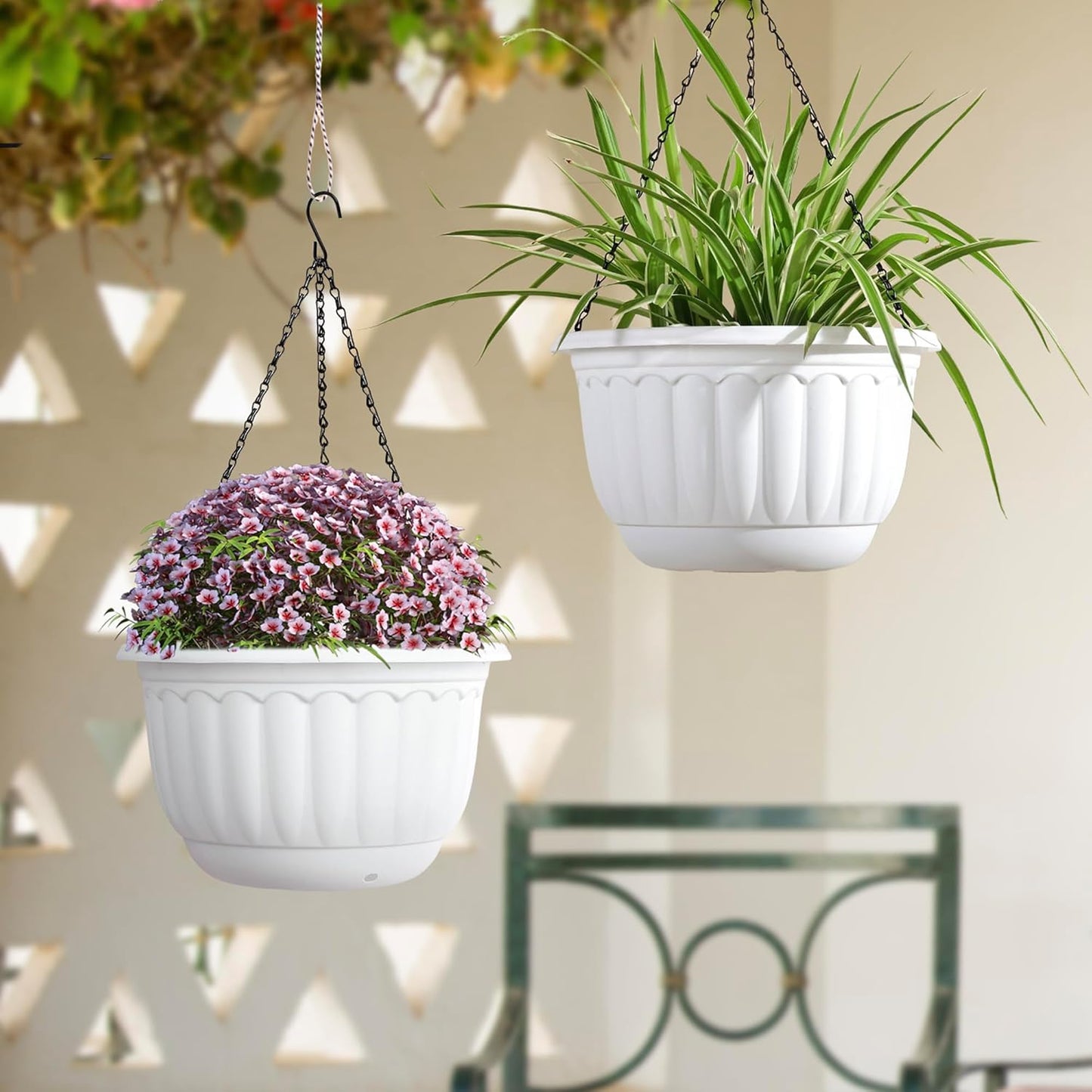 YIKUSH Planters for Outdoor Plants 2 Pack White Plant Pots with Drainage Hole and Absorbing Tray Hanging Planters for Indoor Plants (12 inch, 3 Hooks)