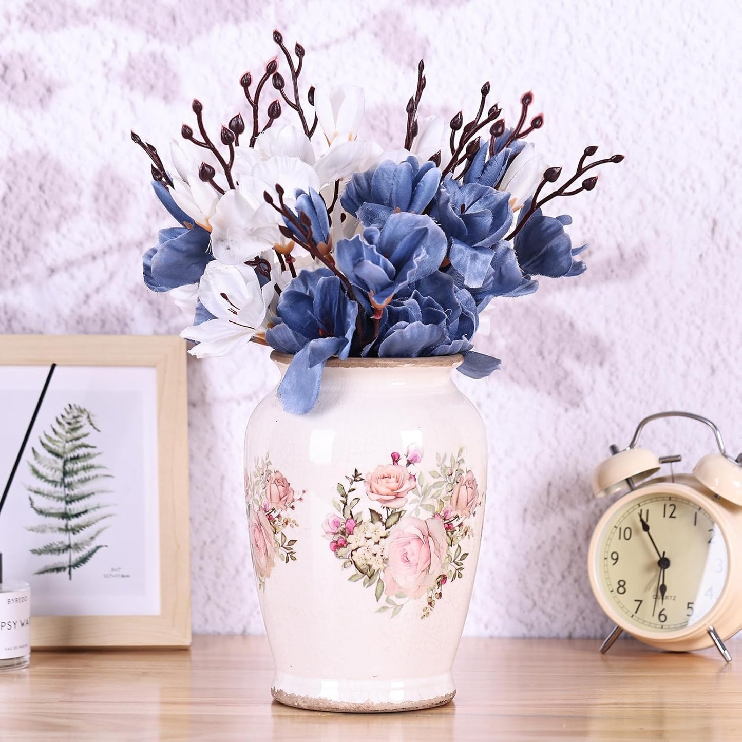 Vintage Vase for Flowers,Pink Chinoiserie Ceramic Vase,Rustic Farmhouse Cracked Vases,for Flower Arrangement,Living Room, Office, Shelf, Fireplace Tables,Centerpieces,Chinoiserie Pottery Decor(A)