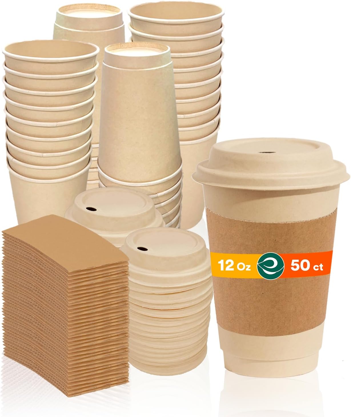ECO SOUL 100% Compostable Coffee Cups With Lids & Sleeves - 12 Oz (50 Counts) To Go Coffee Disposable Bagasse Cups |Sturdy & Eco-Friendly Cups for Cafes, Party, Office