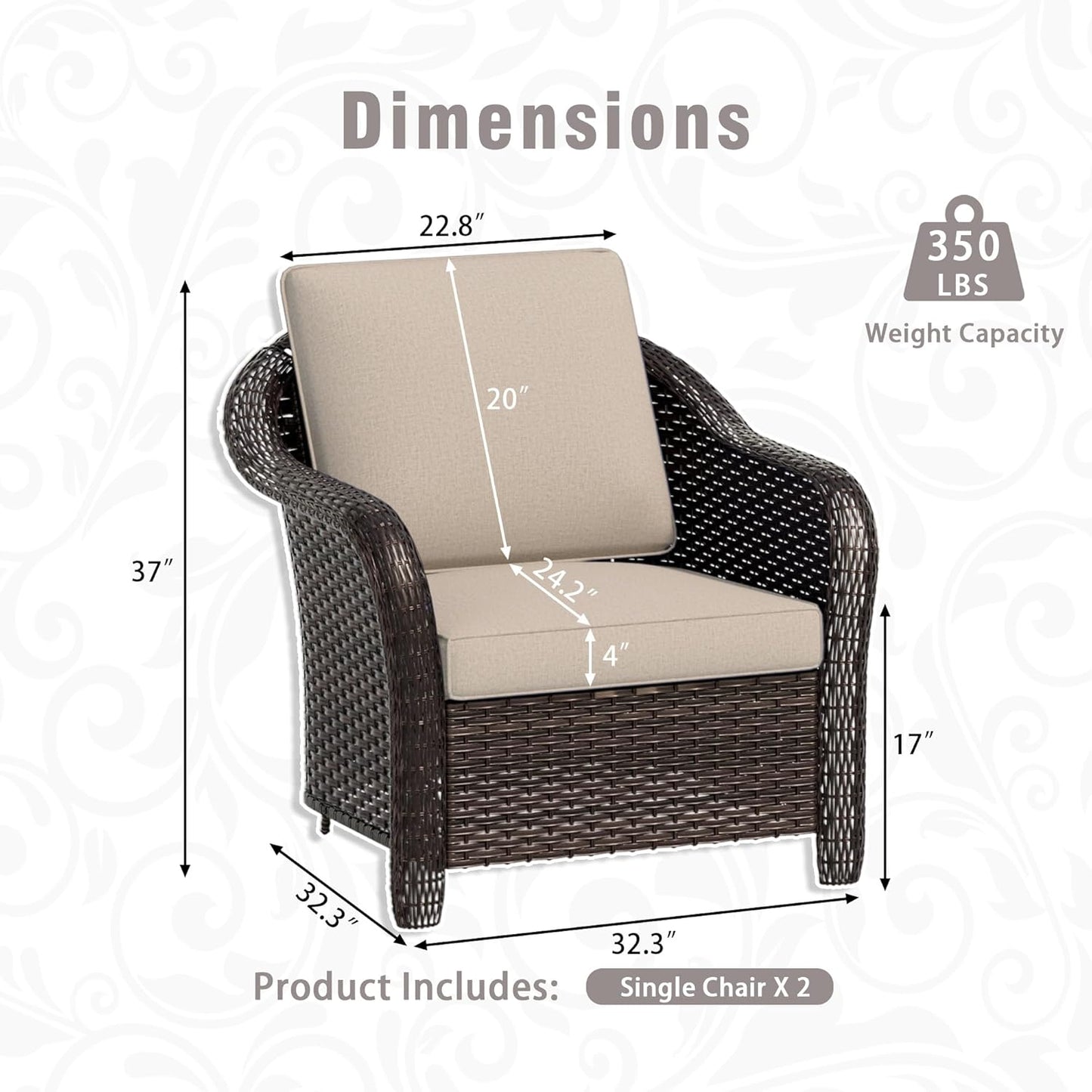 Outdoor Wicker Chair Set of 2, All-Weather Use Patio Rattan Chair with Seat and Back Cushion, Ideal for Porch, Backyard, Balcony, Poolside, Beige