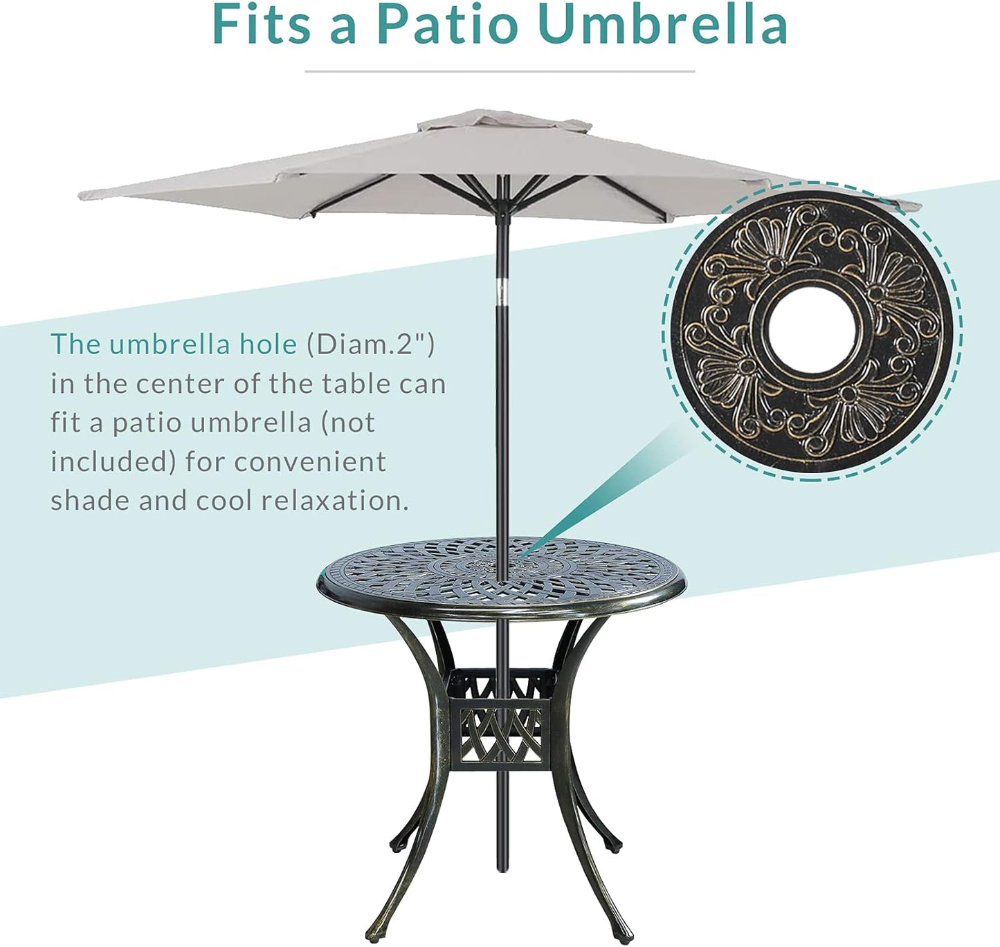 MEETWARM 3 Piece Patio Bistro Set, Outdoor All-Weather Cast Aluminum Dining Furniture Set Includes 2 Chairs and a 31” Round Table with Umbrella Hole for Garden Deck