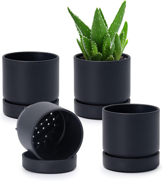 Phoenix Vine 4 Inch Planter Pot with Drainage Hole & Saucer, Deep Water Catch Tray, Straight Cylindrical Round Pot for Plants, Matte Black, Pack of 4, 23-C-R-4