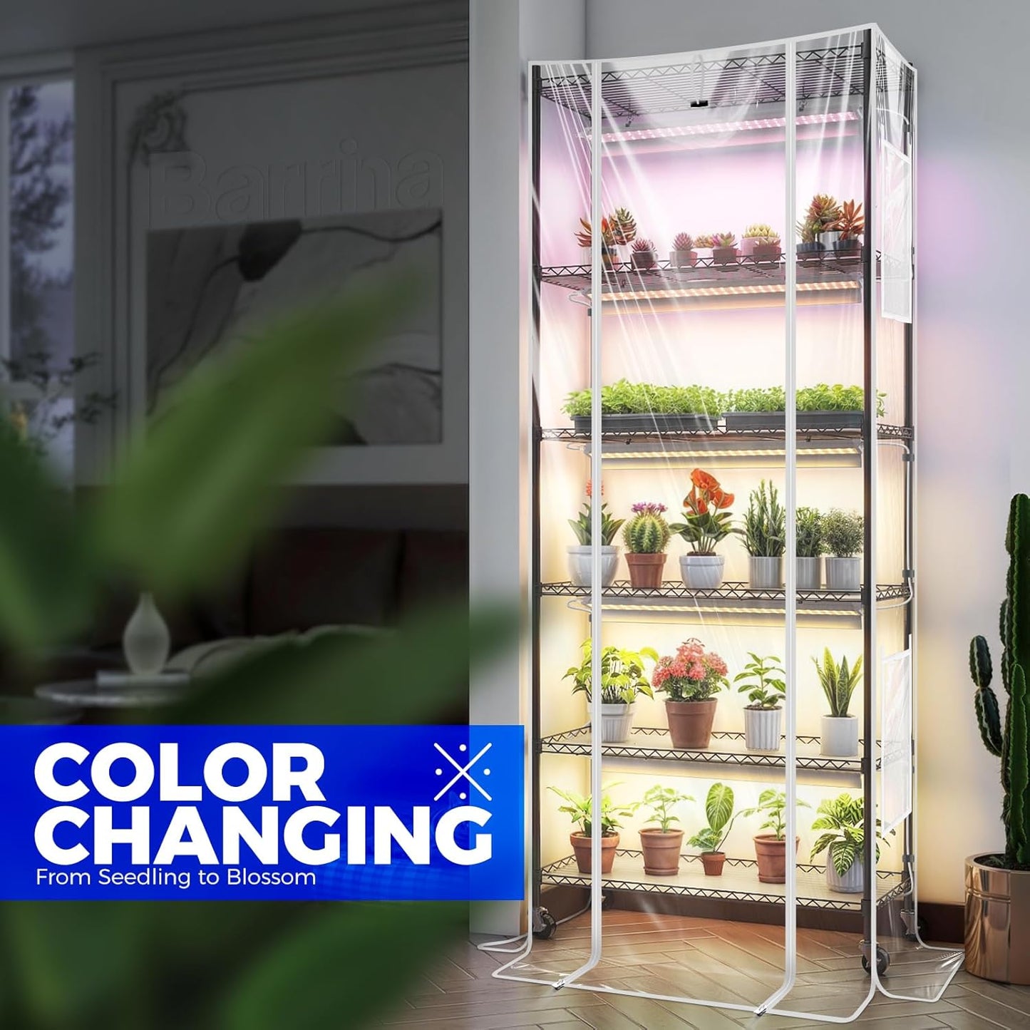 Barrina CX2Z Greenhouse with Grow Light for Indoor Plant & Seedlings, 6-Tier Plant Shelf with 2FT 30W(Per Light) Full Spectrum Plant Lights, 3 Adjustable Spectrum and Timer, 29x14x71 Inches