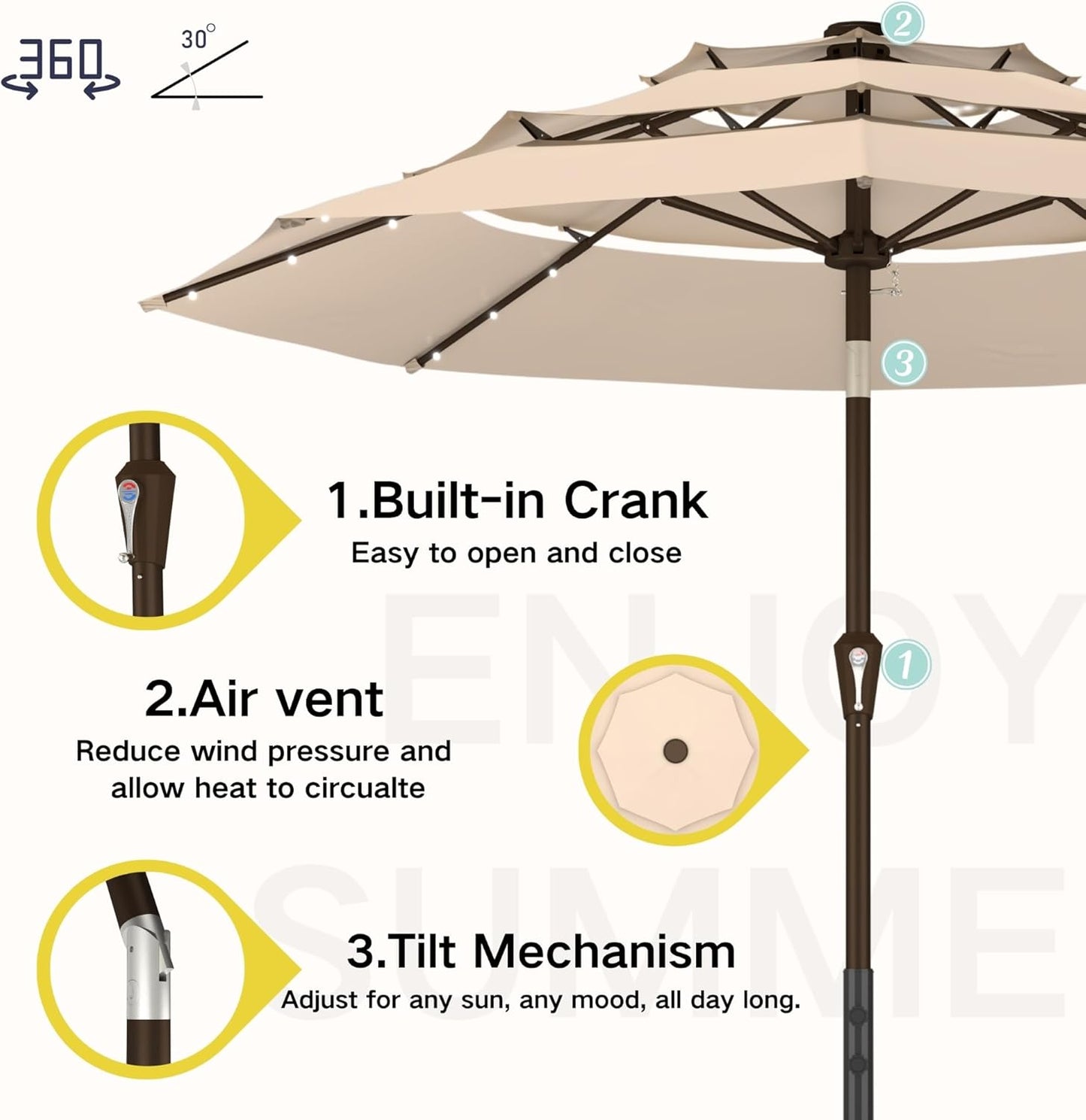 Kingdura 10ft 3-Tier Patio Umbrella with Solar Lights, Table Umbrella Outdoor Patio with Easy Crank & Tilt, 8 Sturdy Ribs, UV Protection, 32 LED Lights for Deck, Poolside, Market (Beige)