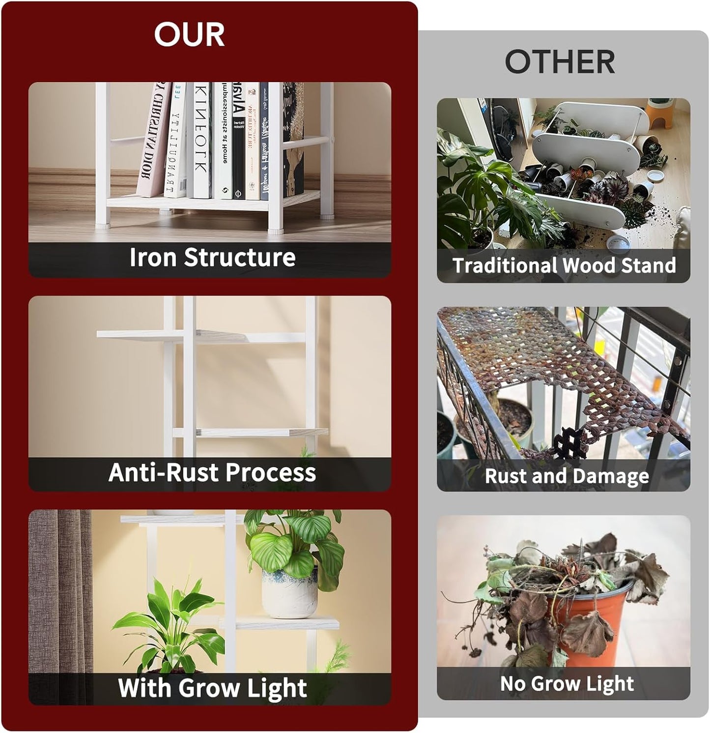 Plant Stand Indoor with Grow Light, 6-Tiered Tall Plant Stand Indoor, Metal Plant Shelf with Bookshelf Bookcase and Adjustable Light, Ideal for Living Room, Reading room, Garden, Patio (white)