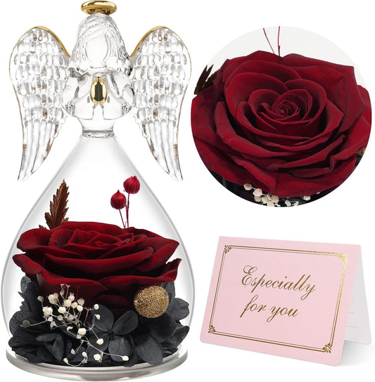 Yamonic Mom Birthday Gifts for Mom, Angel Figurines with Real Rose Gifts for Her Mom Grandma, Angel Preserved Flowers Rose for Mothers Day Christmas Anniversary Birthday Gifts for Women(WineRed)