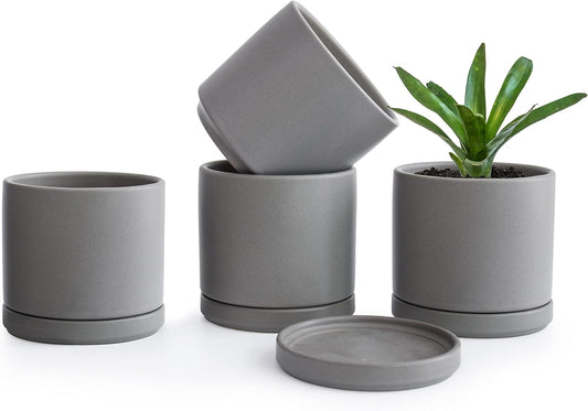 D'vine Dev Set of 4 Small Ceramic Plant Pots, 4.6 Inch Succulent Planter Pot for Plants with Drainage Hole and Saucer, Grey, 94-X-B-3