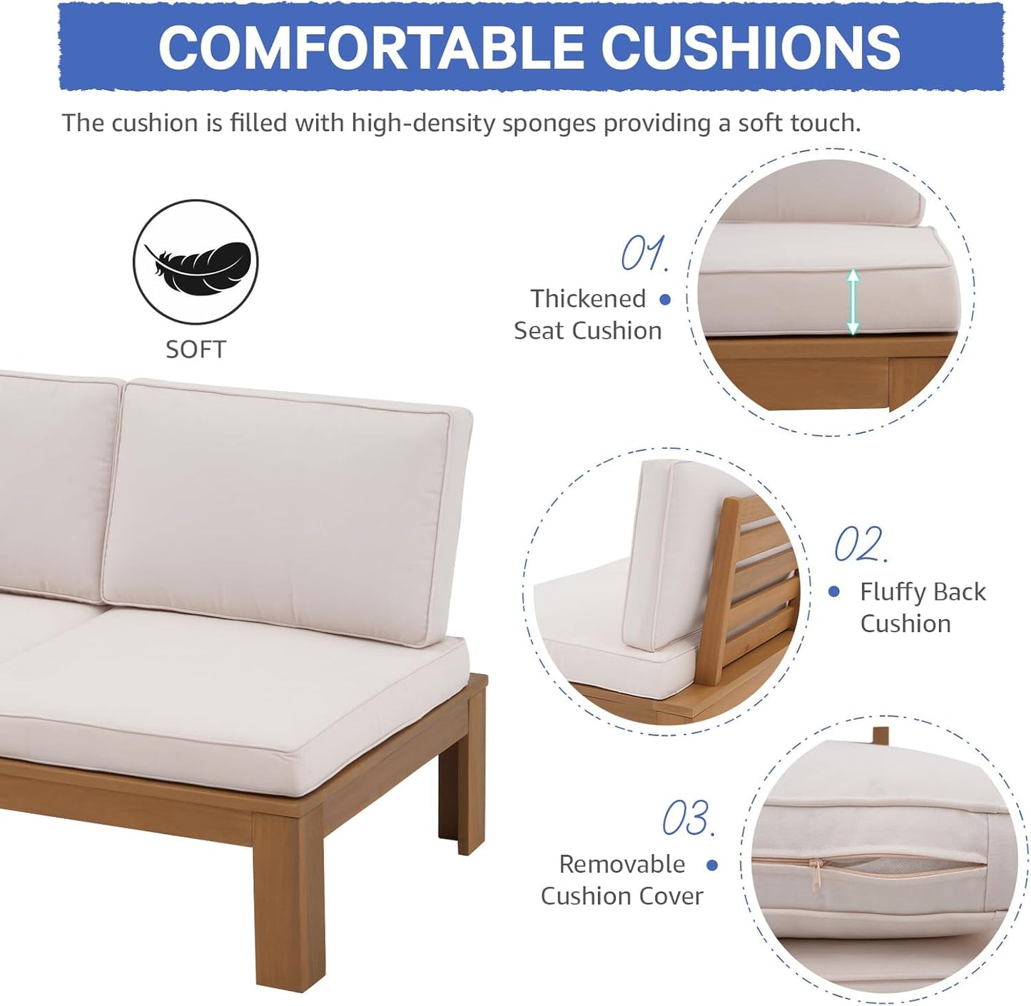 SUNSITT 2 Piece Acacia Wood Patio Furniture Outdoor Loveseat Sofa Set with Adjustable Armrest, FSC Certified L-Shaped Patio Set w/2-in-1 Coffee Table, Cream White Cushions for Garden