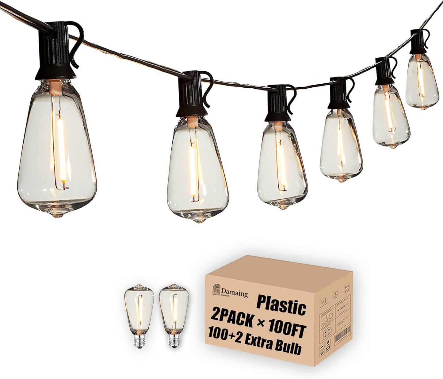 DAMAING Outdoor String Lights 200 FT Waterproof Patio Lights with 102 ST38 Shatterproof LED Bulbs, Dimmable Vintage Edison String Lights for Outside House Backyard Porch Gazebo Party,2-Pack x 100ft