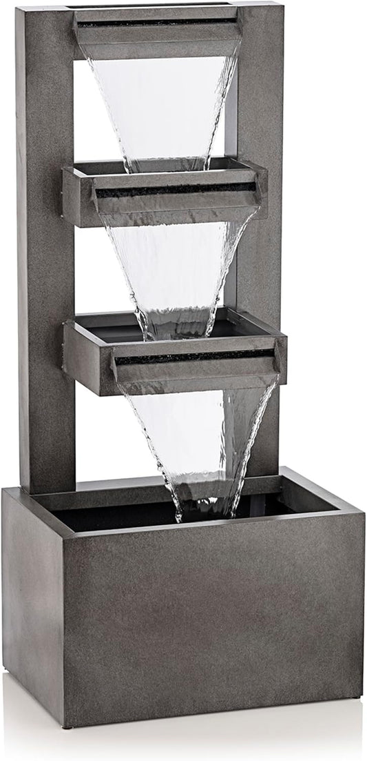 Alpine Corporation CPS182 Outdoor Metal Multitiered Waterfall Floor Fountain Industrial Style Water Feature for Garden, Patio, Yard, Backyard, Relaxing Water Flow, and Serene Landscaping, Gray
