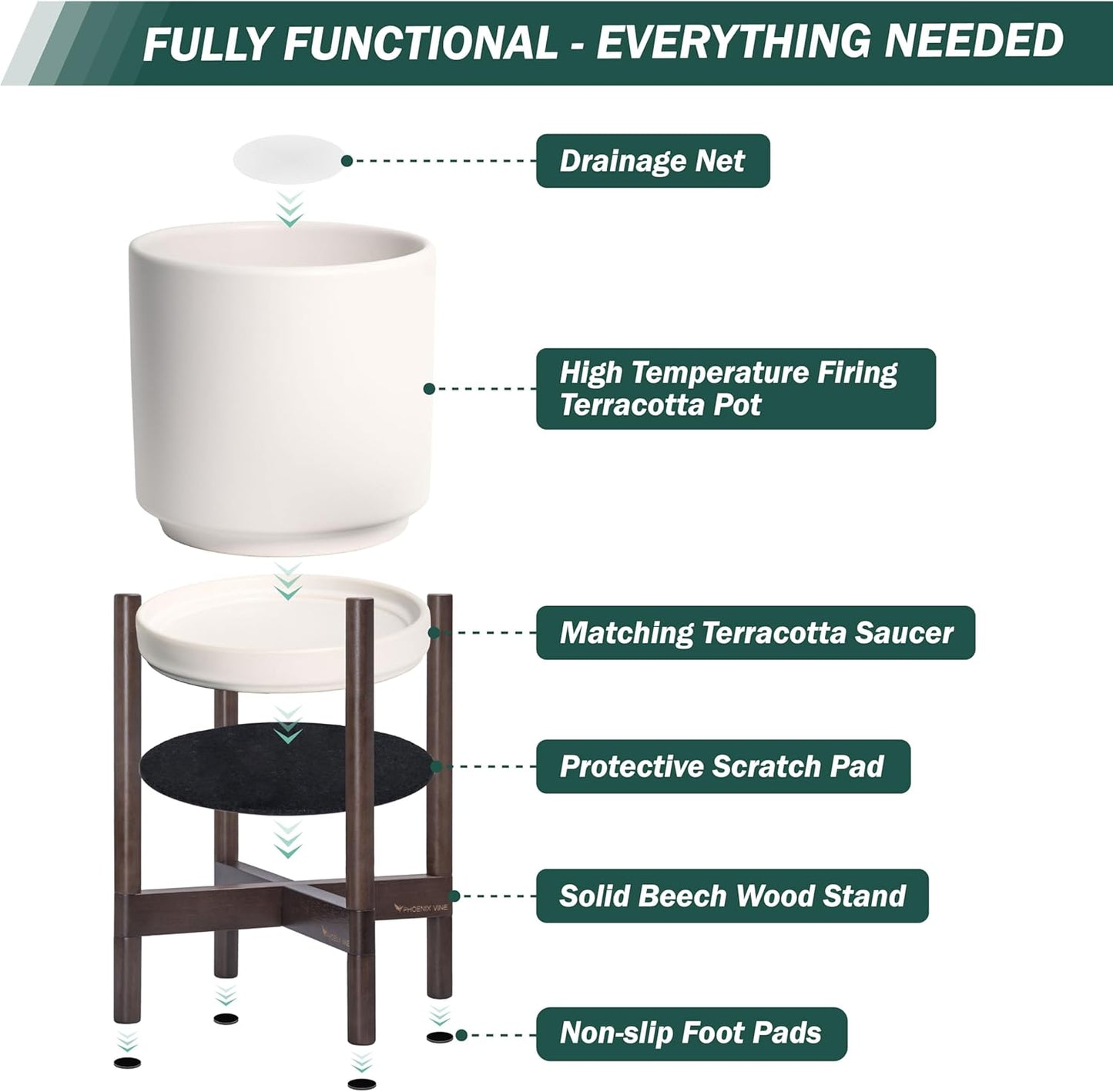 D'vine Dev Ceramic Planter with Walnut Color Stand - 8 Inch Modern Round Flower Pot with Wood Planter Holder, Oatmeal, 55-B-Y-8