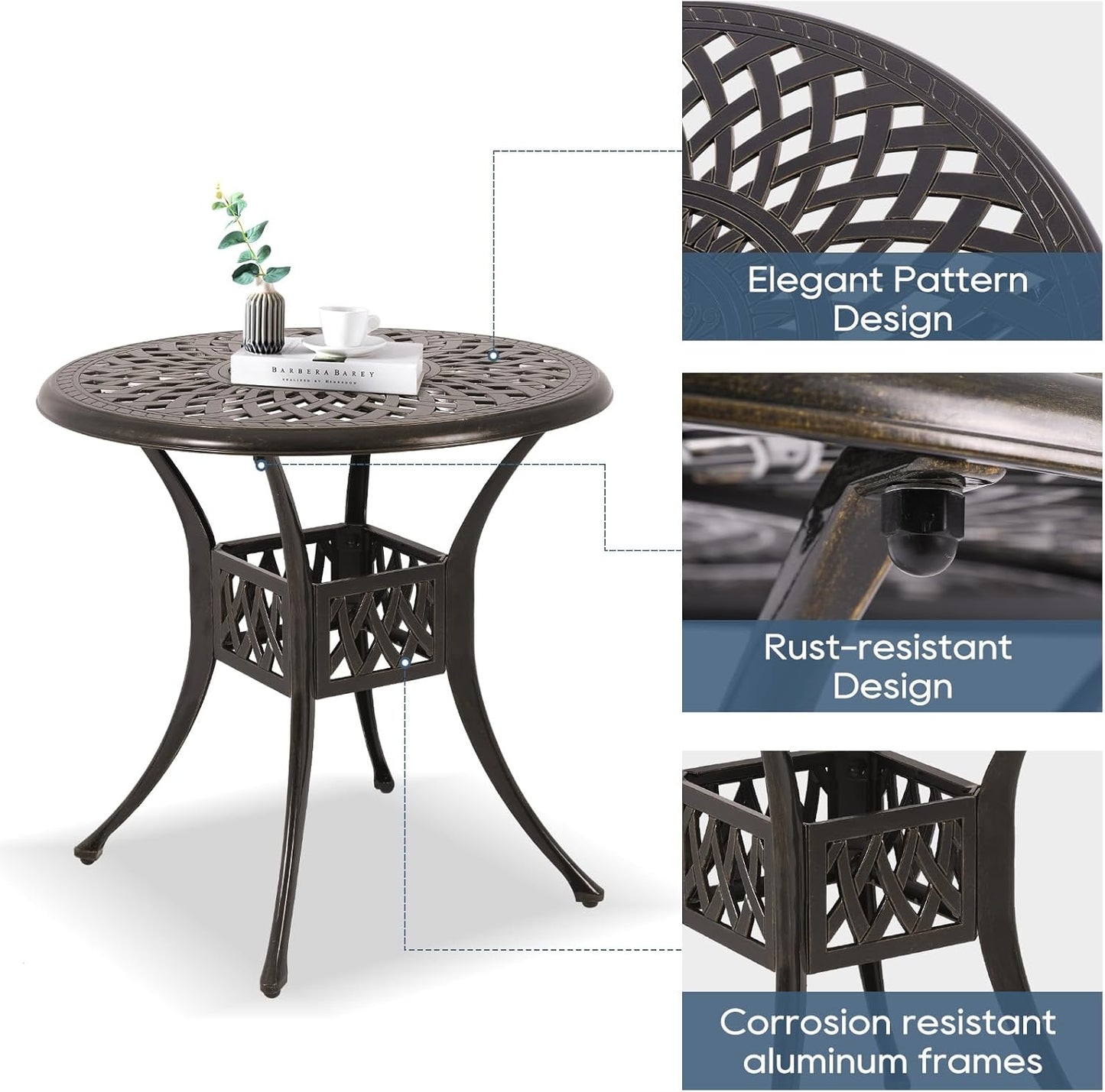 Cast Aluminum Outdoor Patio Dining Set, All Weather Outdoor Furniture Dining Set for Patio, Balcony, Lawn, Garden, Backyard (1 Round Table+2 Dining Chairs)