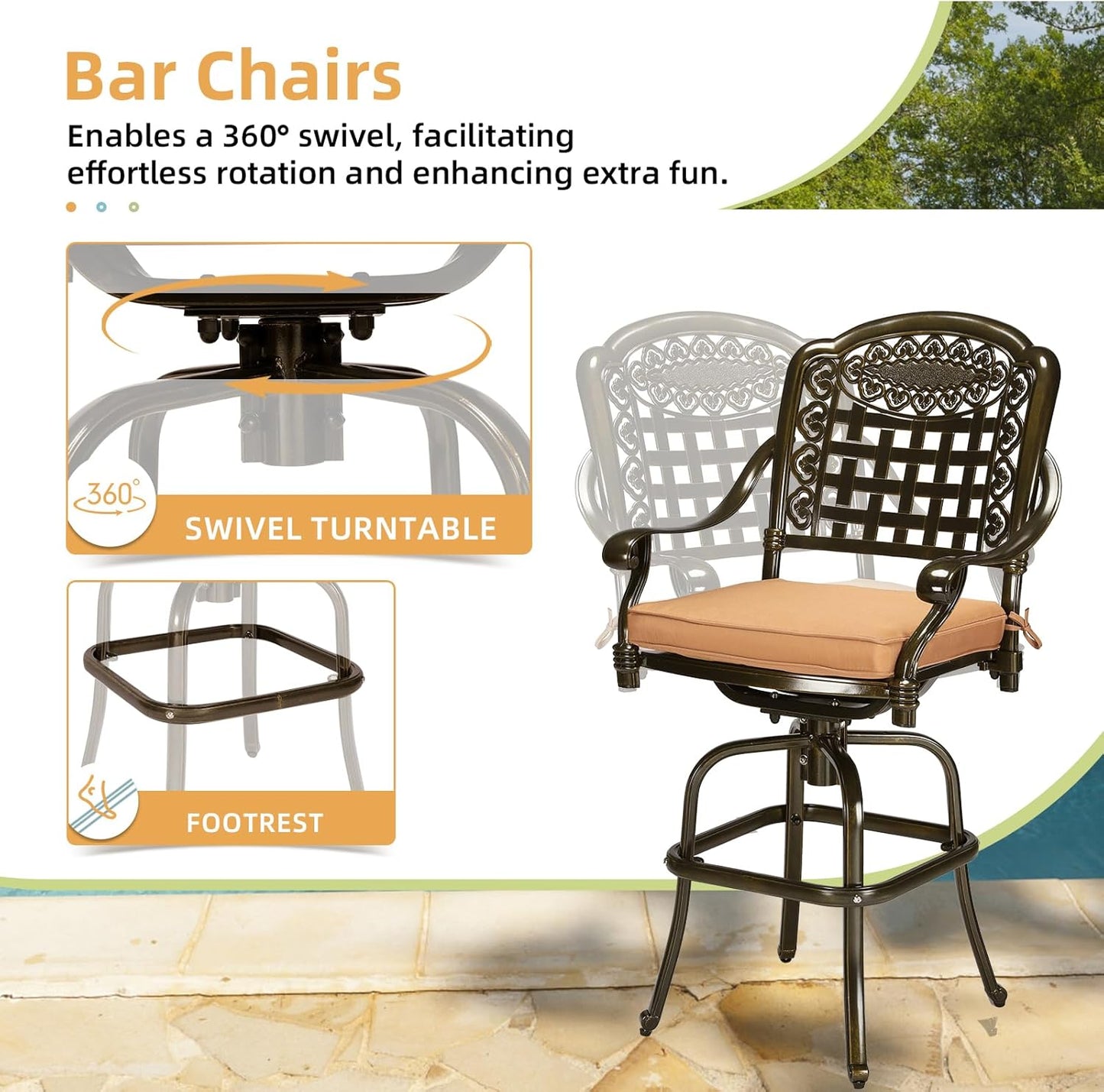 3-Piece Patio Swivel Bar Set, High Top Bar Table & Chairs, All-Weather Cast Aluminum Swivel Bar Stools (2) & 31" Table, Patio Bistro Set for Garden
