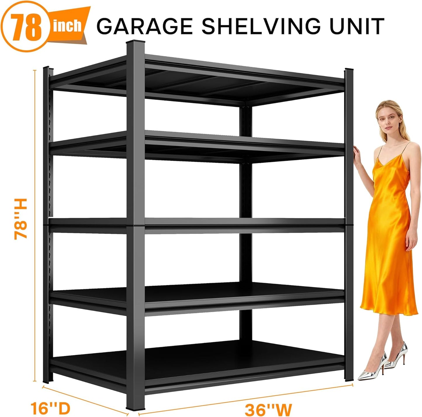 78''H Garage Shelving Heavy Duty Garage Storage Shelves, 3000 LBS Adjustable 5 Tier Industrial Shelving Unit, Metal Utility Shelf for Basement, Warehouse and Workshop (78''Hx36''Wx16''D, Black)