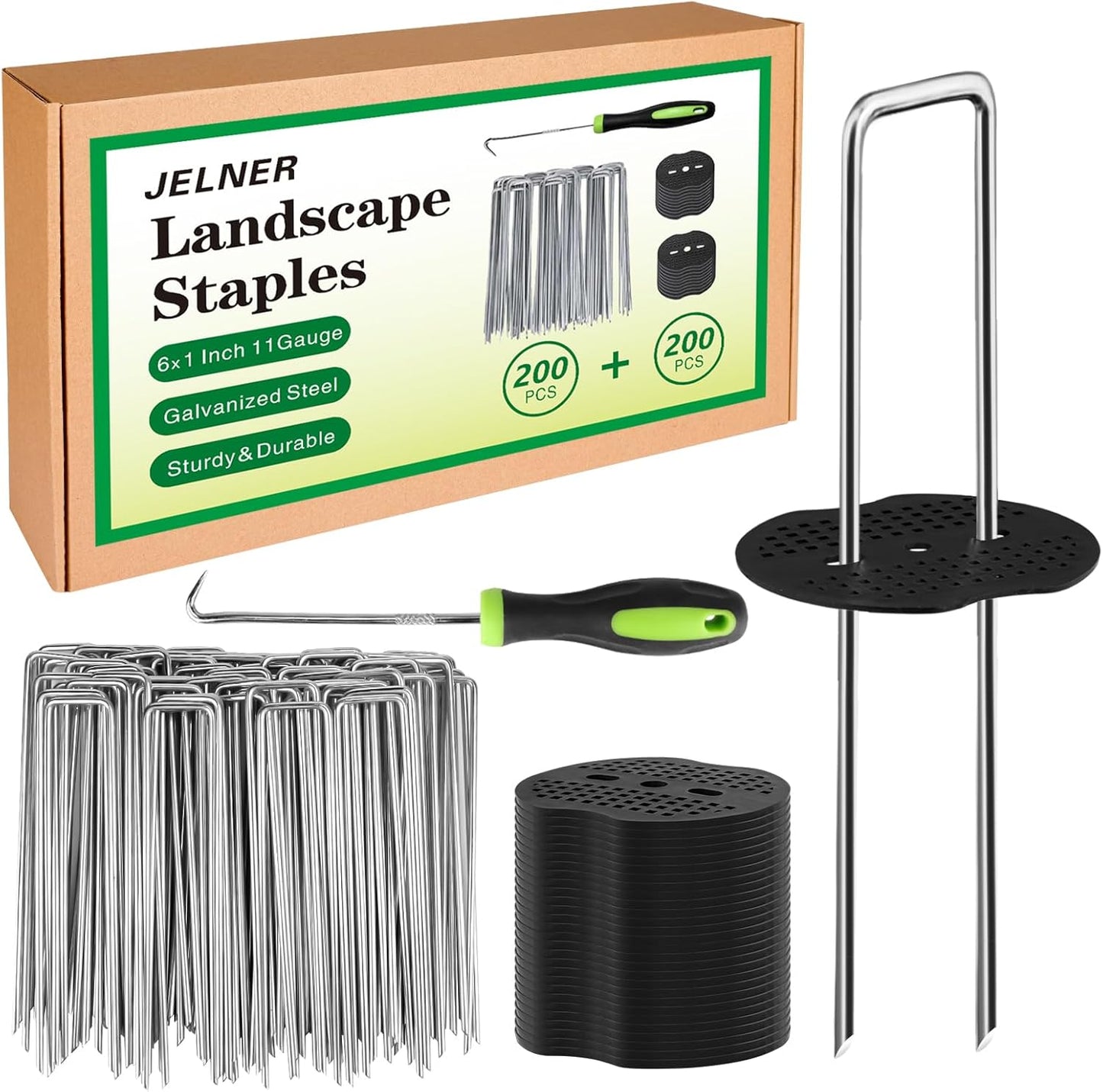 Garden Stakes,6 Inch 11 Gauge 200pcs Galvanized Landscape Staples and 200pcs Gaskets +1Pick Hook, Tent Stakes Landscaping Fabric SOD Pins for Weed Fabric Barrier,Groud Cover,Fence