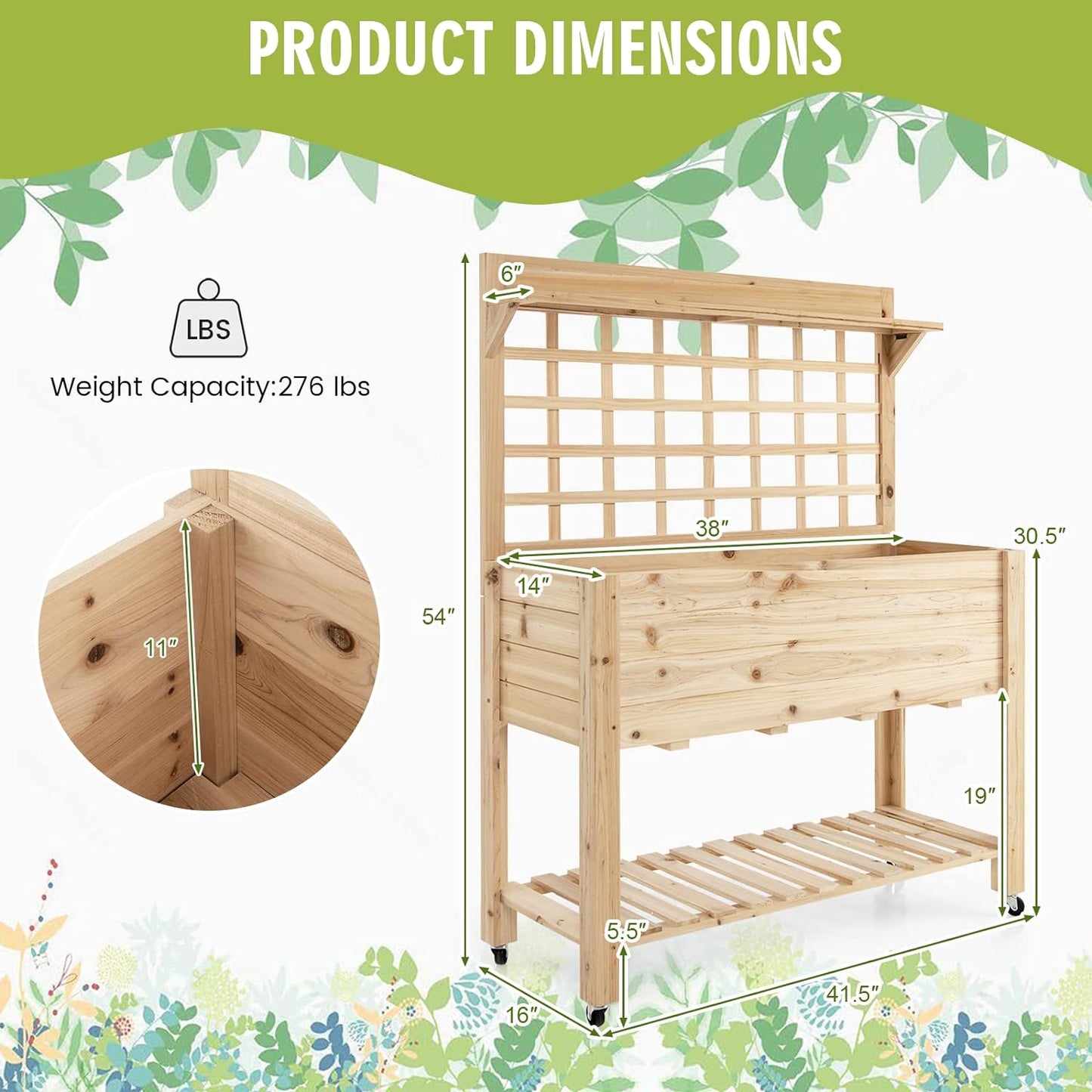 S AFSTAR Raised Garden Bed with Trellis, 41.5x16x54in Mobile Elevated Planter Box with Wheels, Bed Liner, Top/Bottom Storage Shelves, Freestanding Wood Planter Stand for Garden Patio Balcony