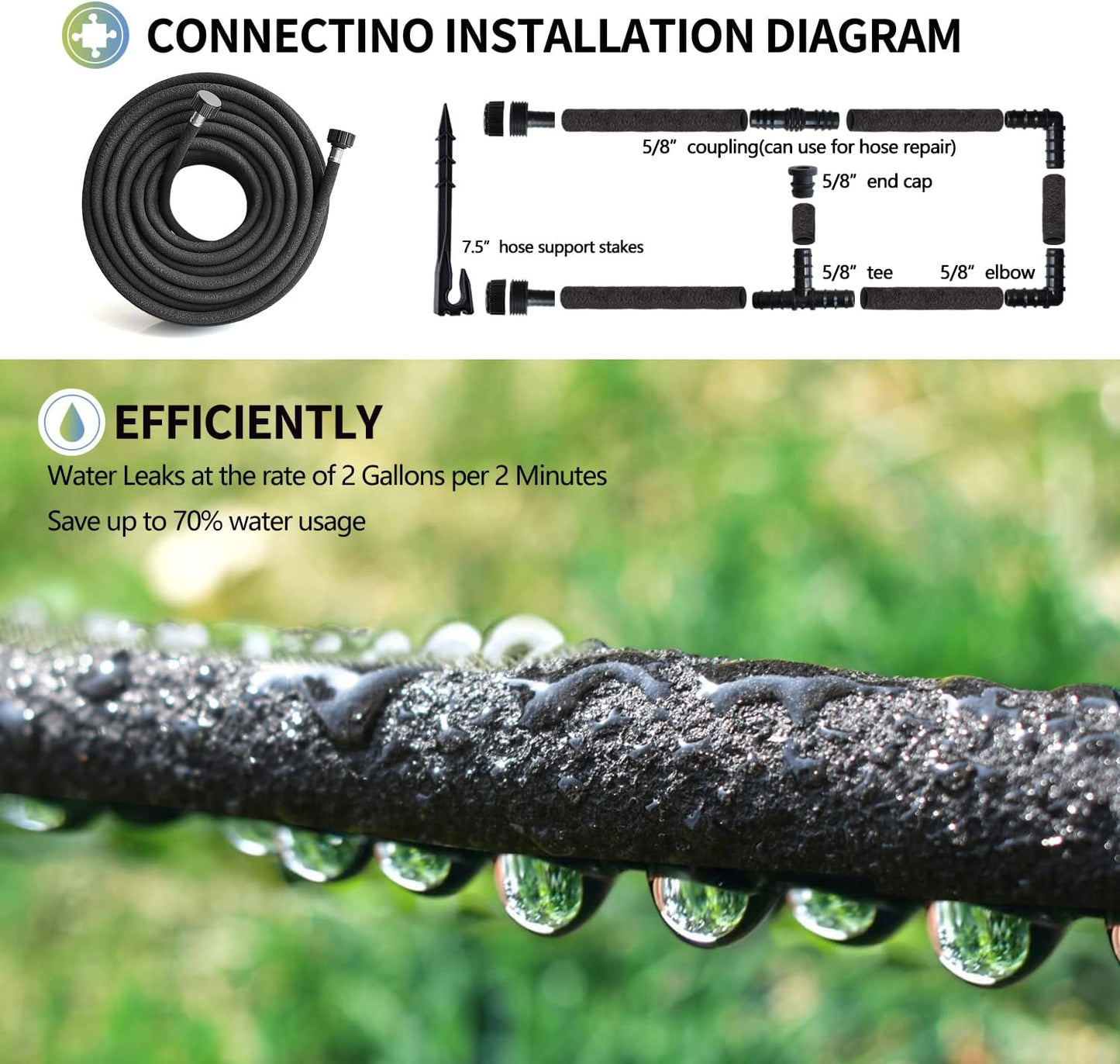 Soaker Hose 100 Ft for Garden Beds with Fittings Kit, 1/2’’ Soaker Hose for Foundation Watering, Heavy Duty Water Saving Drip Hoses for Lawn, Landscaping, Garden(100 FT)