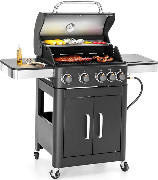 Sophia & William 4-Burner Gas BBQ Grill with Side Burner & Porcelain-Enameled Cast Iron Grates, Outdoor Cooking Propane Grills Cabinet Style Garden Barbecue Grill, 46,700BTU, Black
