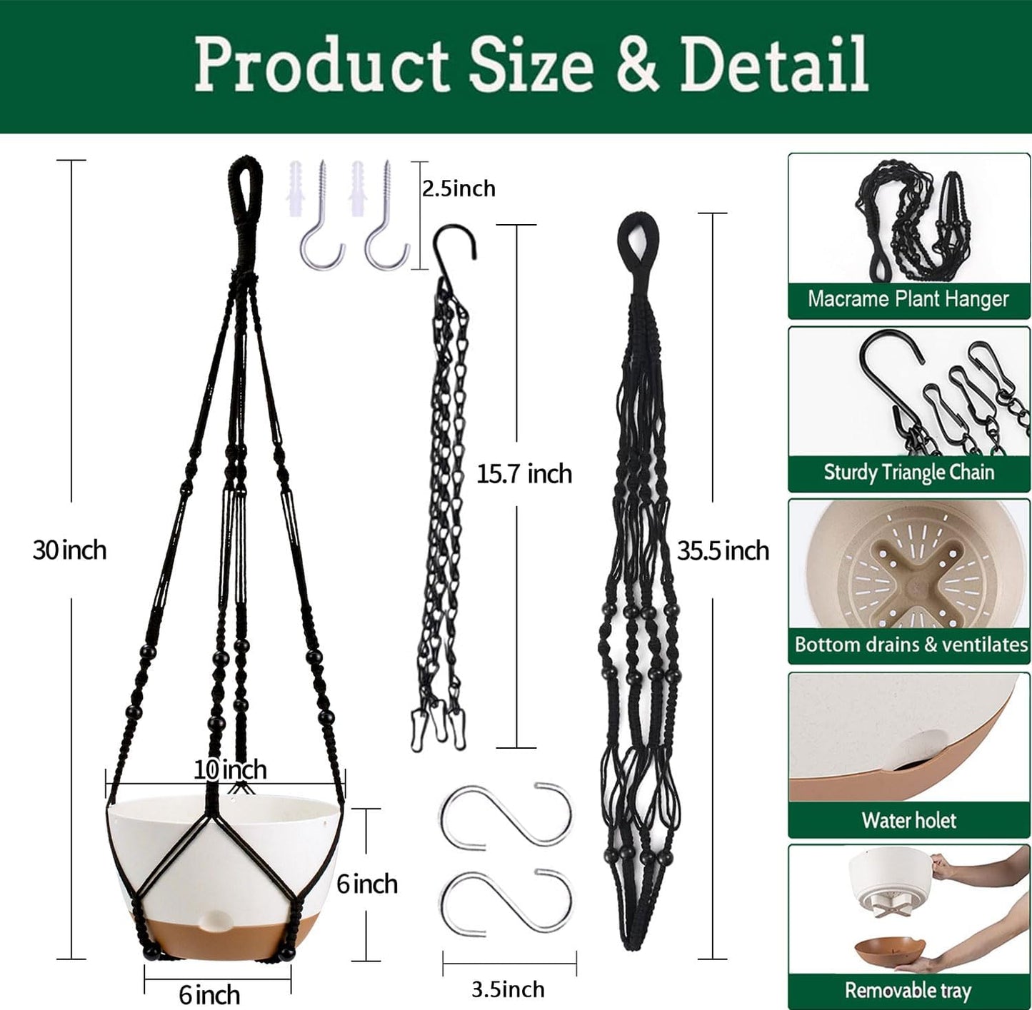 Hanging Planter Self Watering 10 Inch, 2 Pack Indoor Outdoor Hanging Baskets, Hanging Flower Pots with Drainage Hole & 2 Kinds of Plant Hangers for Garden Home Decor(Black Hanger