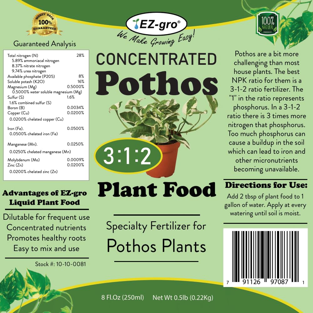 Professional Liquid Pothos Fertilizer by EZ-gro | 3:1:2 Ratio of Concentrate Indoor Plant Fertilizer for Your Pothos Live Plant | 8 oz