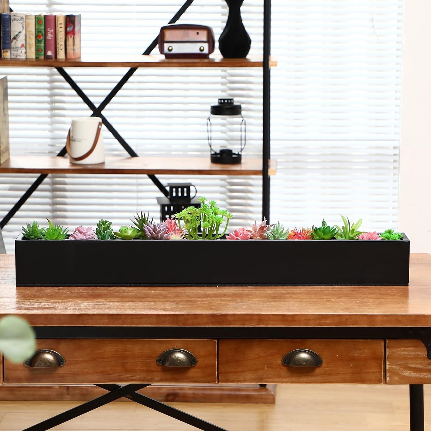 32 x 3.5 x 3.5 Inch Long Rectangular Planter Box Window Sill Plant Box Metal Water Trough Indoor Large Modern Steel with Drainage Holes Herb Garden Home(Black)