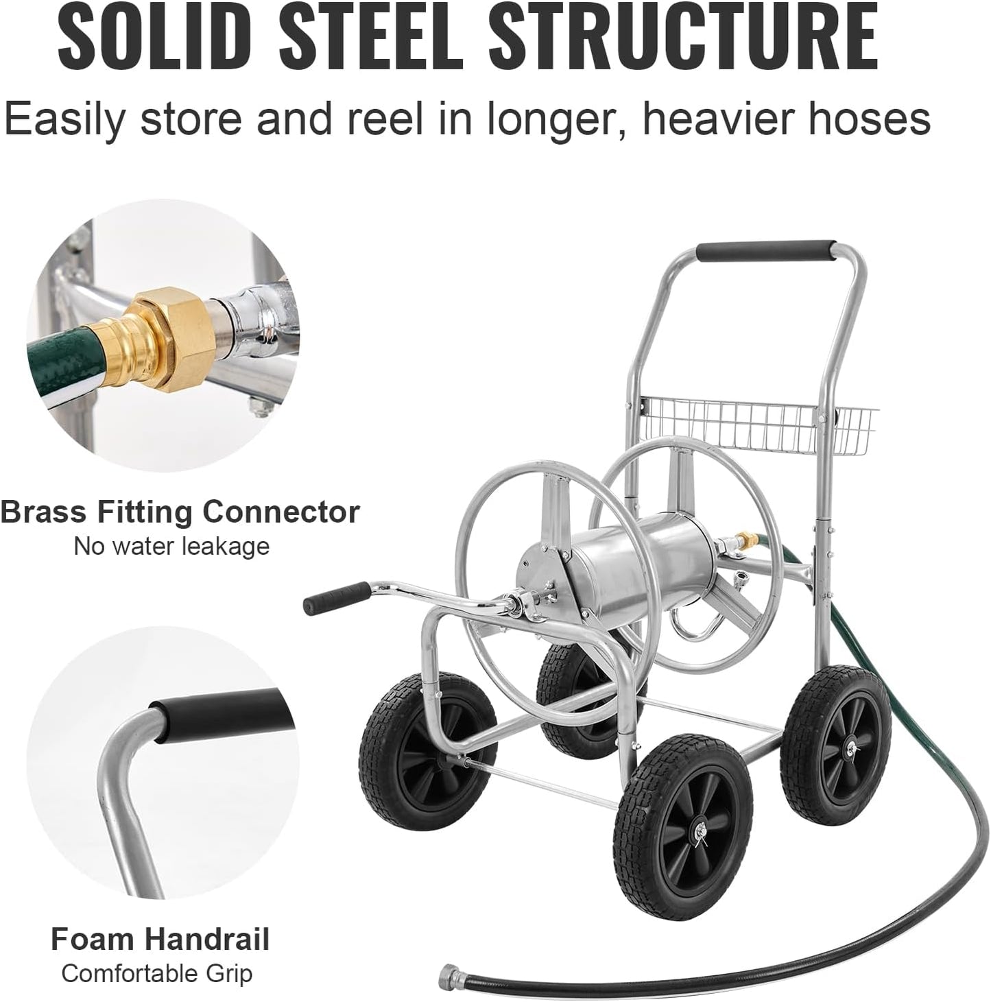 VEVOR Hose Reel Cart, Hold Up to 300 ft of 5/8’’ Hose, Garden Water Hose Carts Mobile Tools with 4 Wheels, Heavy Duty Powder-Coated Steel Outdoor Planting with Storage Basket, for Garden, Yard, Lawn