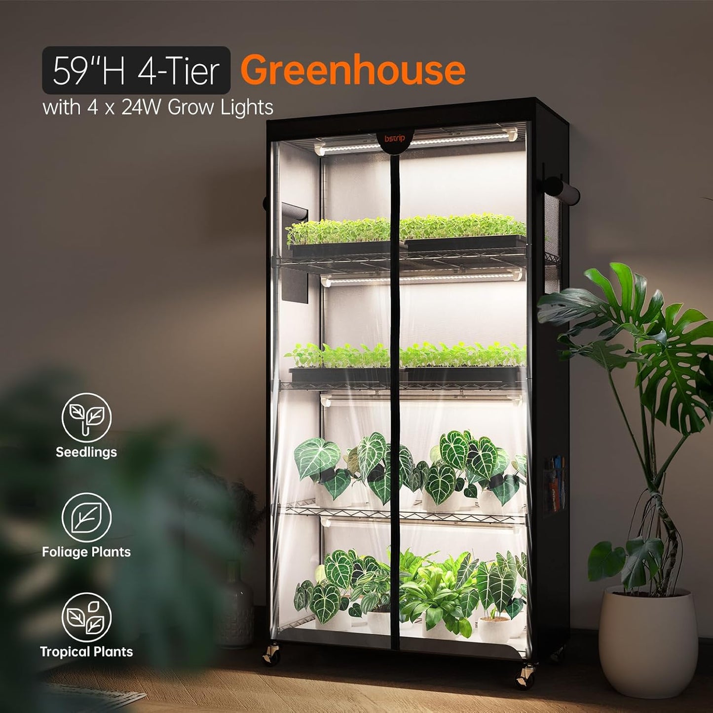 Indoor Greenhouse with Grow Light, Plant Stand with 4 Pack 24W Full Spectrum Plant Lights , Plant Shelf with Tent for Indoor Plant, Seed Starting, Seed Tray, 29.5"x13.8"x59"