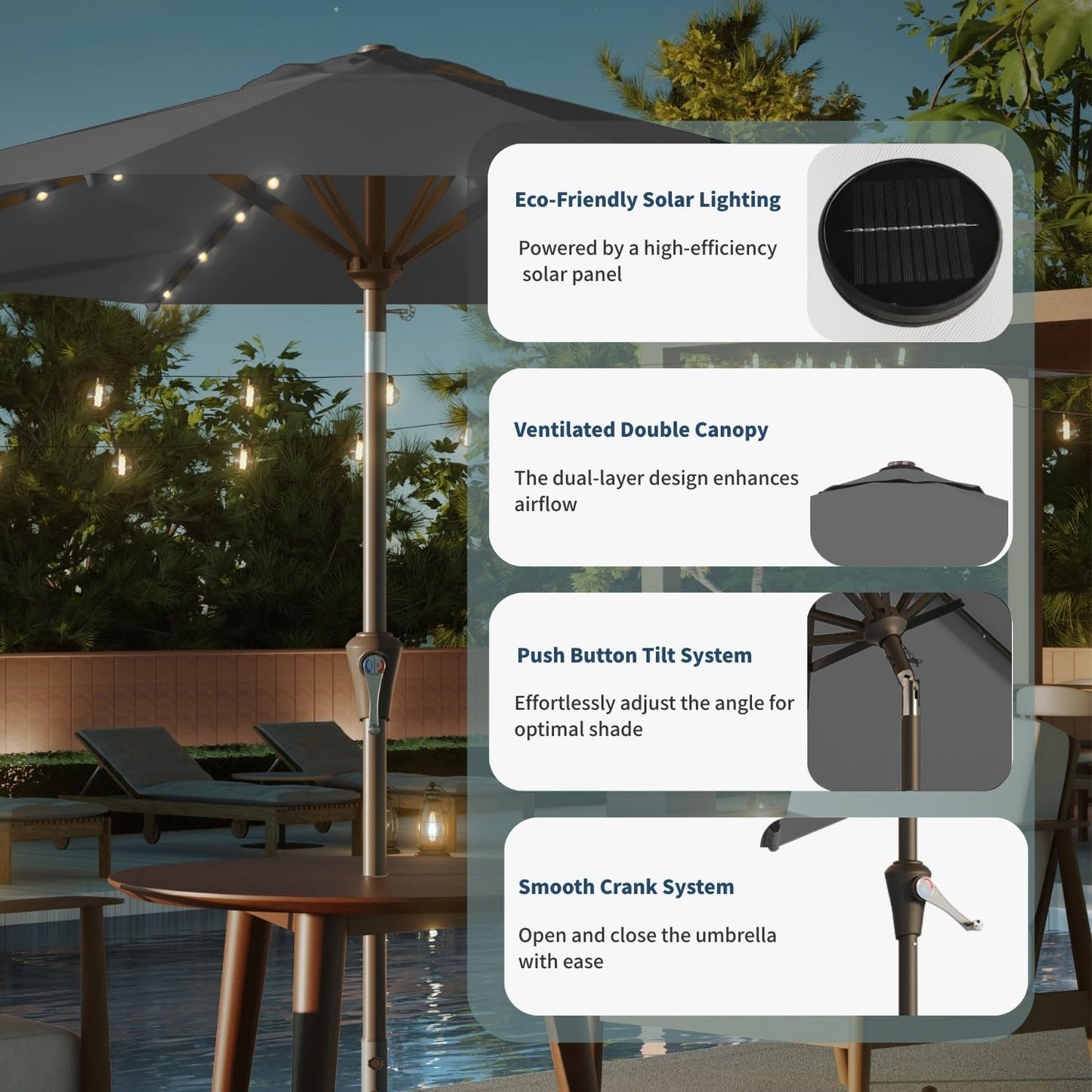 10FT Solar Umbrella 32 LED Lighted Patio Umbrella Table Market Umbrella w/Tilt and Crank, UV-Resistant Outdoor Umbrella for Pool, Garden, Deck, Gray