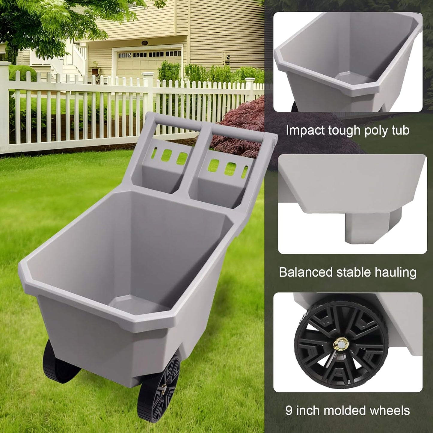 AAIN 2-Wheel Wheelbarrow, 300 LB Capacity Heavy Duty Yard Cart with 9" Maintenance-Free Solid Tires, Push/Pull Design, Durable Trash Cart for Outdoor Use - Grey