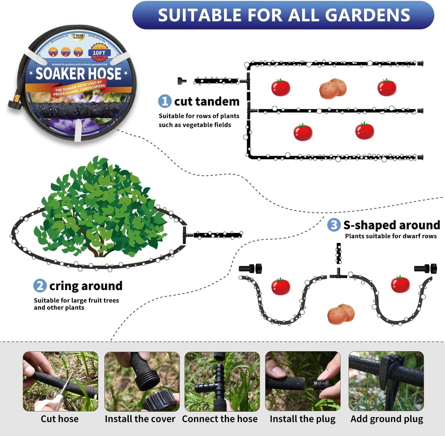 3 Pack Soaker Hose 10 FT for Garden Bed, 1/2’’ Diameter Short Soaker Hoses for Irrigation To Save 70% Water, Short Drip Soaking Hose for Vegetable Beds (3 Pack 10 FT)