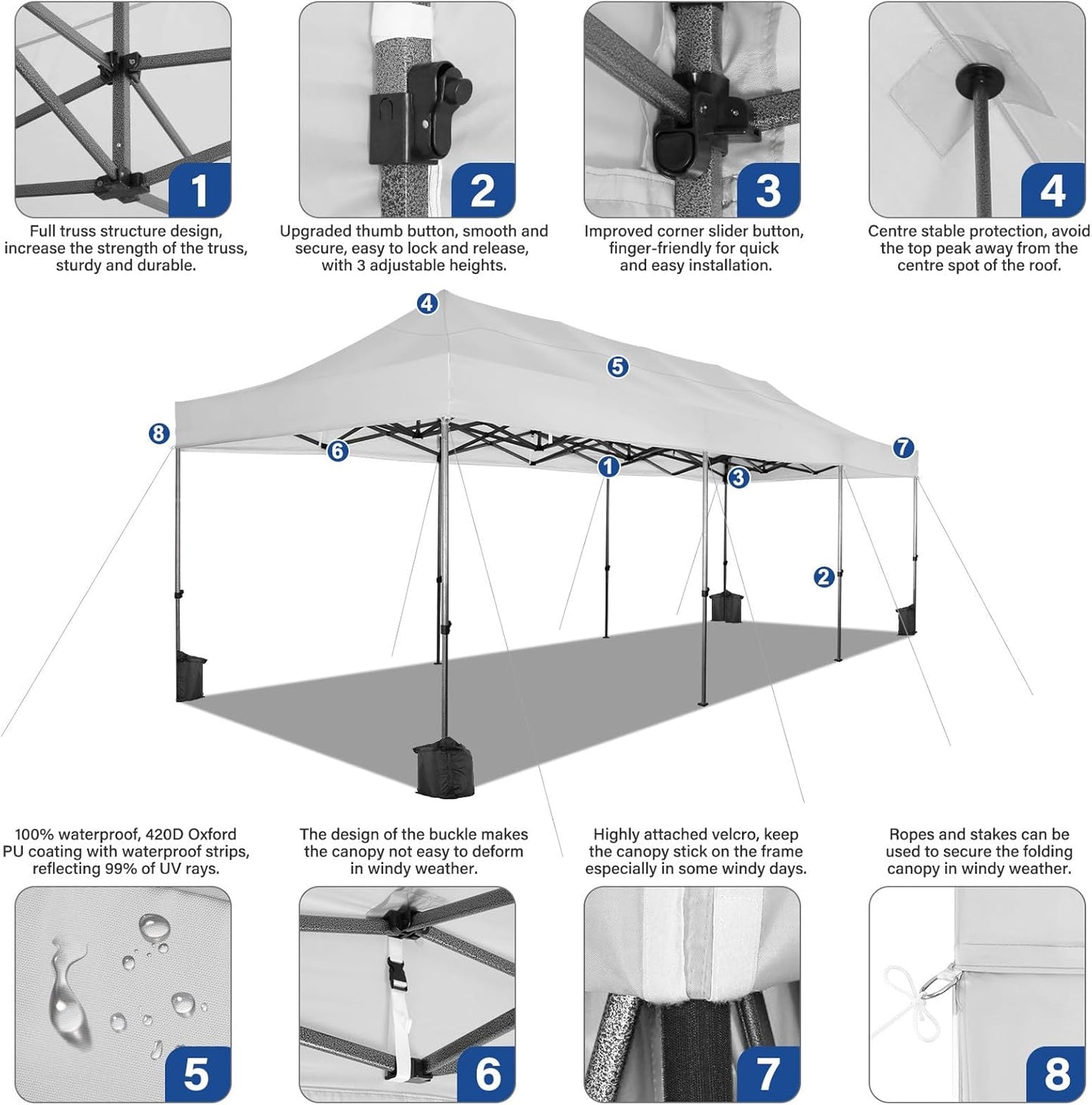 COBIZI 10x30 Pop up Canopy Heavy Duty Without Sidewalls, Easy Set-up Commercial Outdoor Party, 100% Waterproof Wedding Canopy Gazebo, 3 Height Adjustable with Wheeled Bag, White