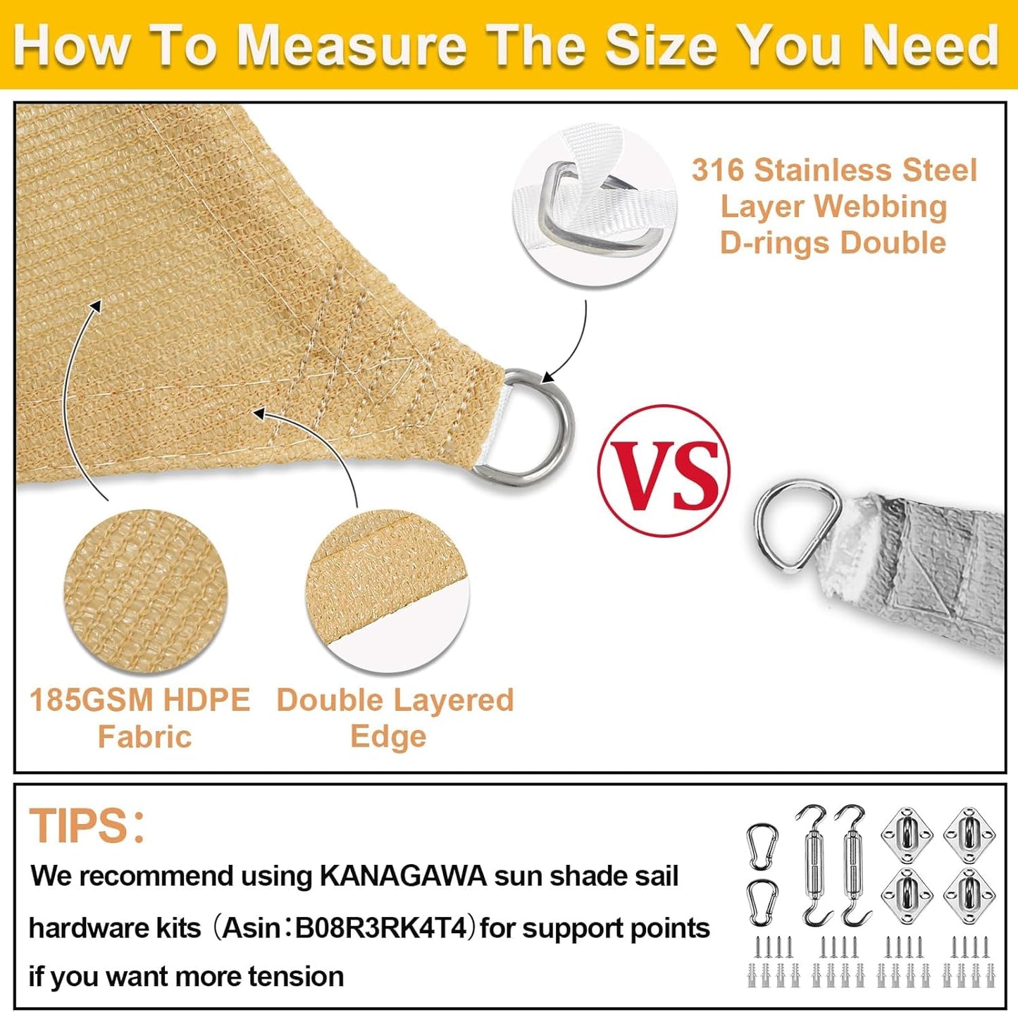 KANAGAWA Sun Shade Sail Curved 20'X26' Sand Rectangle Outdoor Shade Cover UV Blovk Canopy for Patio Garden Backyard Heavy Duty Permeable 185GSM (We Make Custom Size)