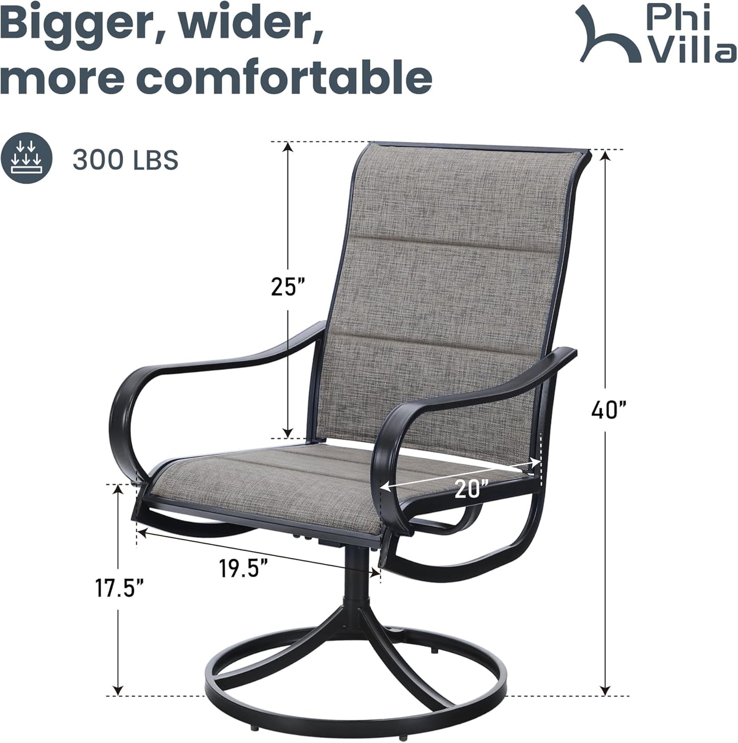 PHI VILLA Outdoor Swivel Patio Dining Chairs Set of 6, All Weather Patio Chair with Padded Textilene & Metal Frame for Outdoor Poolside Lawn Garden, Brown