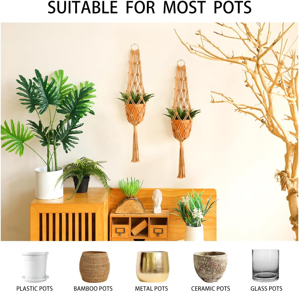 Artilady Hanging Planter for Indoor Plants Macrame Plant Hanger Large Hanging Plant Holder Brown Plants Basket White Rope Boho Original Wall Decor