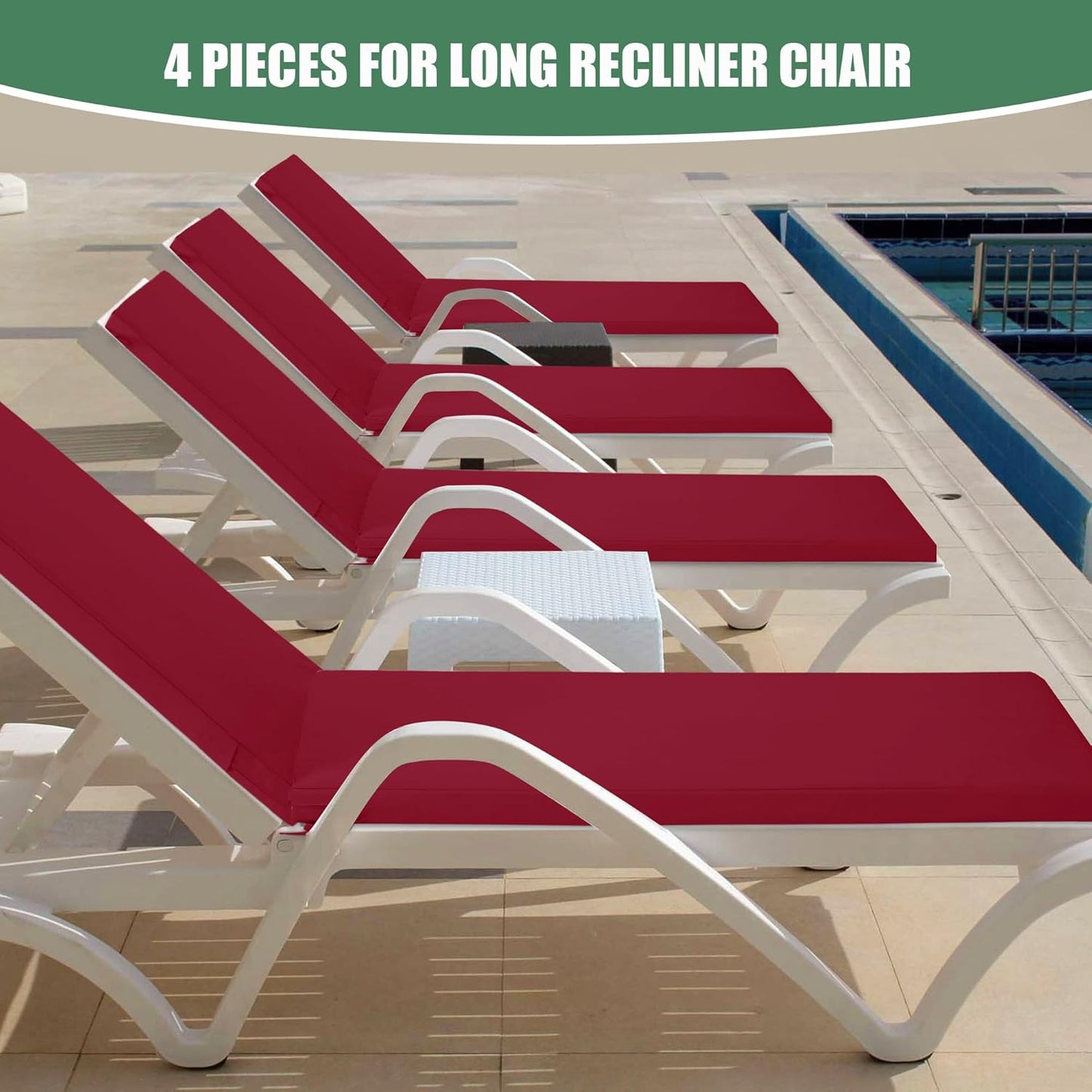 Chaise Lounge Cushions Outdoor Set of 4 - Waterproof and Fade Resistant Sun Lounger Replacement Cushions - Patio Lounger Pads with Removable Cover for Pool, Deck, Lawn, 80 x 26 x 3 Inch, Red