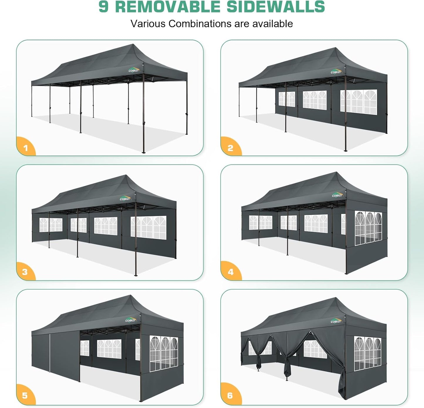 COBIZI 10x30 Pop Up Canopy Tent Heavy Duty with 8 Removable Sidewalls, Commercial Portable Tents for Parties Ez Up Canopy All-Weather Windproof & Waterproof and UPF 80+ Wedding Tent Sun Shelter