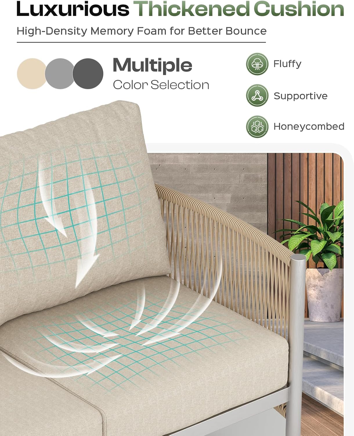 Aluminum Outdoor Patio Furniture Set, HDPE Rope 4 Piece Modern Sectional Conversation Sets with Dual-Layer Coffee Table, All Weather Patio Couch Sofa with Thick Cushions, Silver Frame, Beige