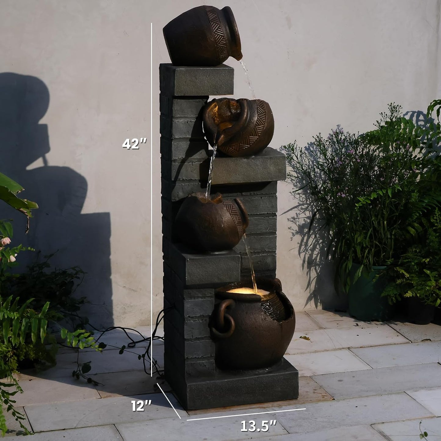 Water Fountain Outdoor 4-Tiers Cascading Realistic Bowls Waterfall Clay Pot Design Outdoor Fountain Resin Imitation Wood with LED Lights for Garden, Patio, Porch 42" H