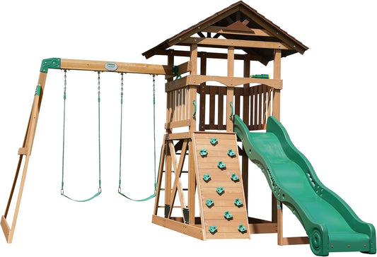 Backyard Discovery Lightning Ridge Cedar Wood Swing Set with Wave Slide, Play Deck, Rock Wall, Sandbox, Belt Swings, Toy Telescope, Steering Wheel, Step Ladder, Outdoor Playset