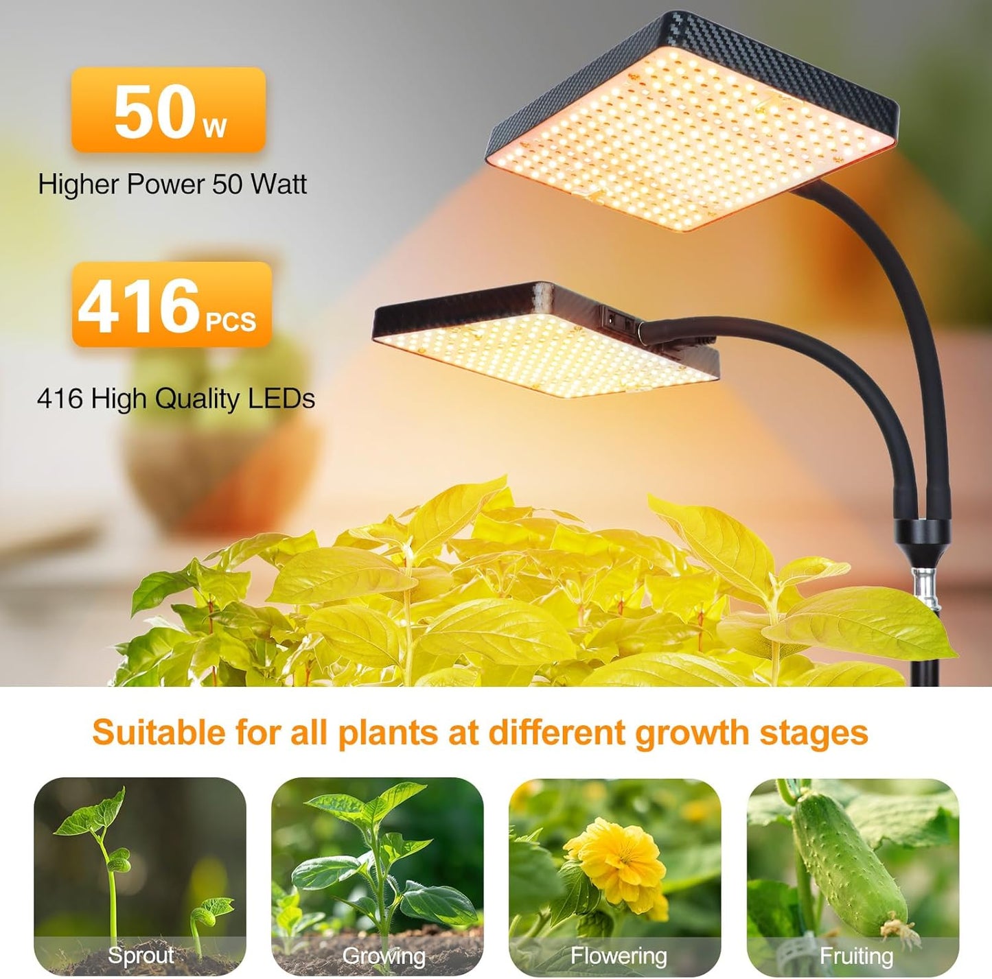 2-Head Grow Light with Stand 50W, FECiDA 2025 Grow Lights for Indoor Plants, Full Spectrum LED Plant Grow Light for Houseplants, Bonsai Tree, 4,8,12,16 Hr Timer and 360° Gooseneck