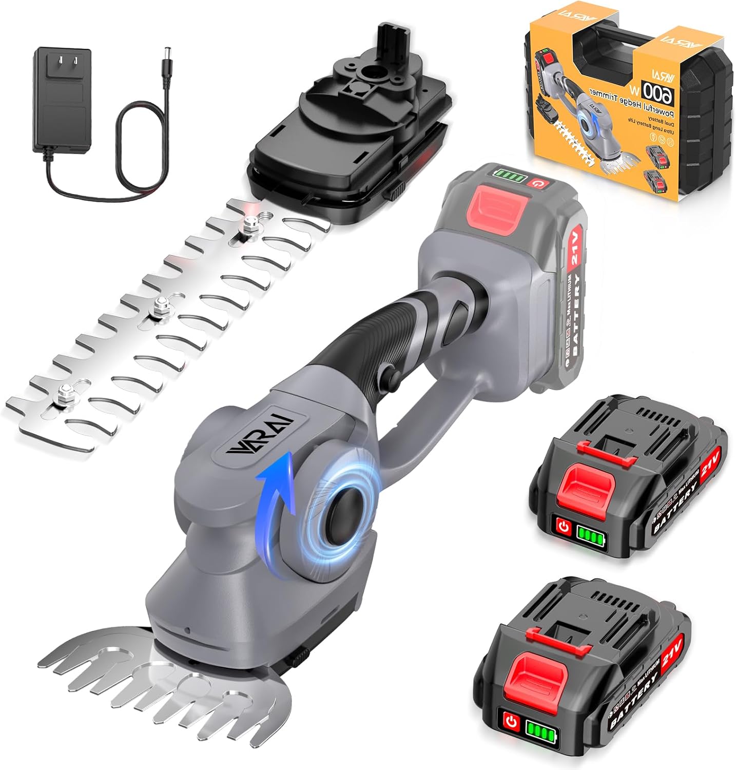 Cordless Hedge Trimmer, 2-in-1 Hedge Trimmer, Ultra Long Battery Life with Battery*2, high-Power and high-Capacity Grass Trimmer for Gardens, Yards and lawns, Including Charger